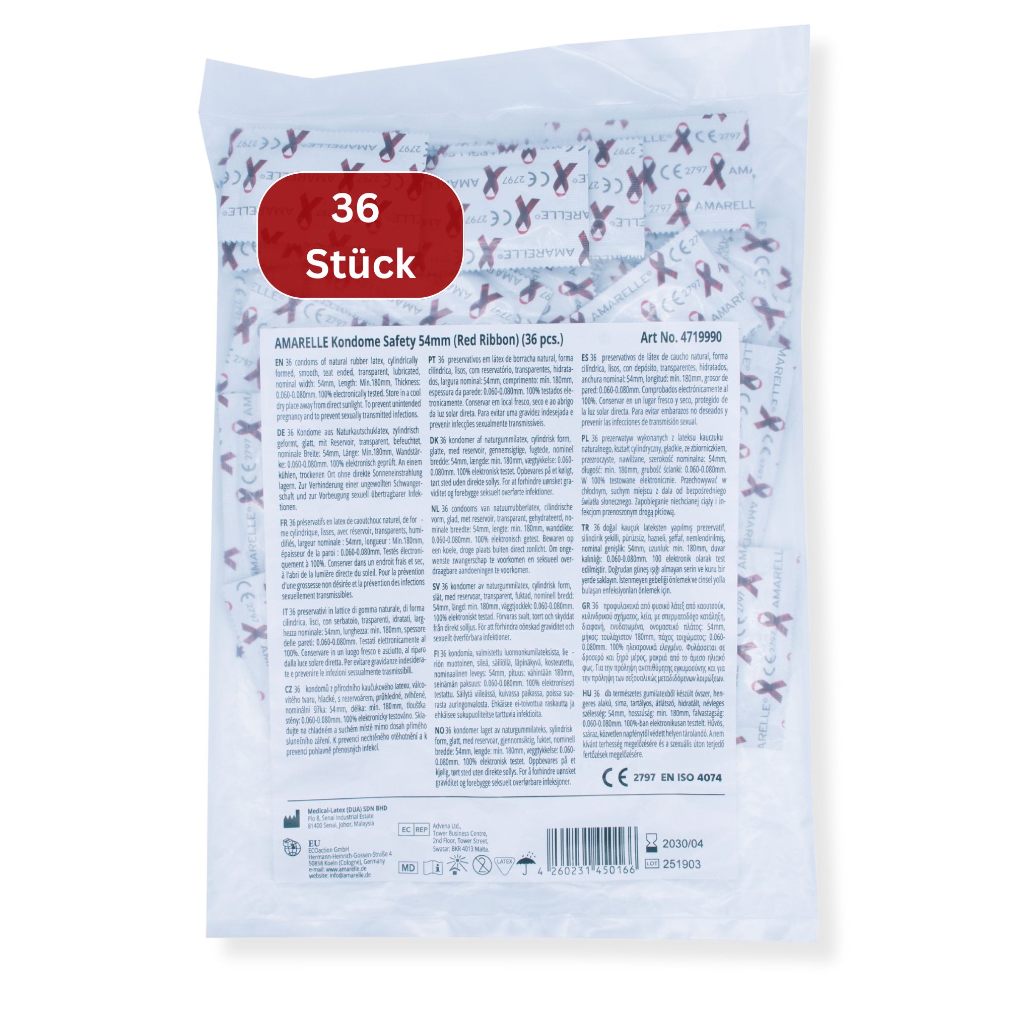 Transparenter Beutel mit Kondomen. Aufdruck: AMARELLE Kondome Safety 54 mm (Red Ribbon) (36 pcs.). Oben: 36 Stück.