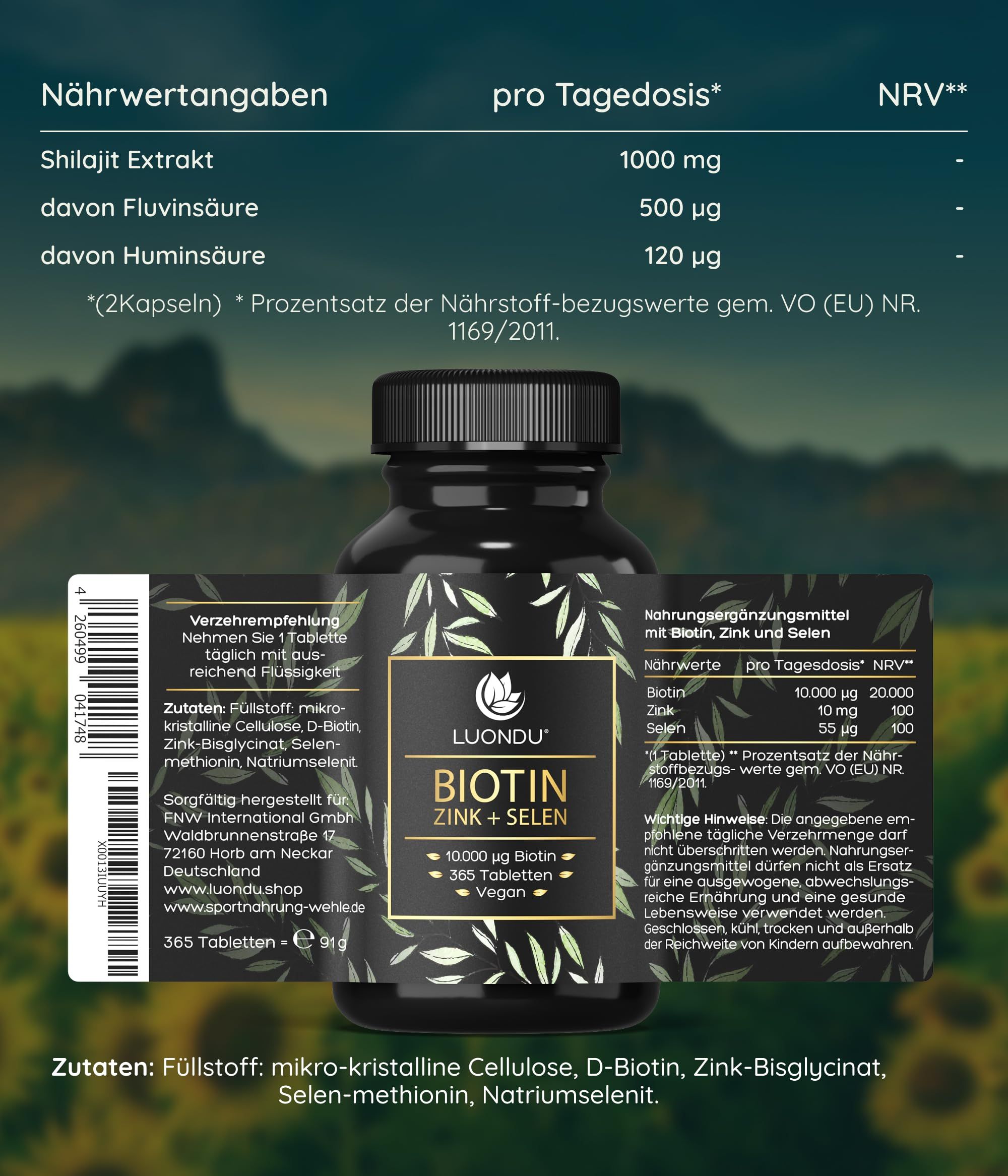 Produktflasche mit Etikett. Text: Luondu Biotin Zink + Selen, 365 Tabletten, vegan. Nährwertangaben. Zutatenliste.