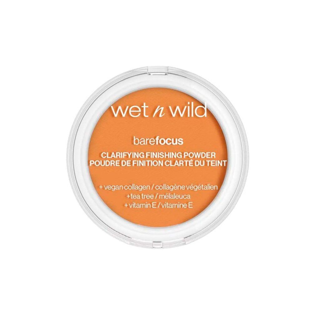 Runder, transparenter Behälter mit orangefarbenem Puder. Aufschrift: Wet n Wild, barefocus, Clarifying Finishing Powder.