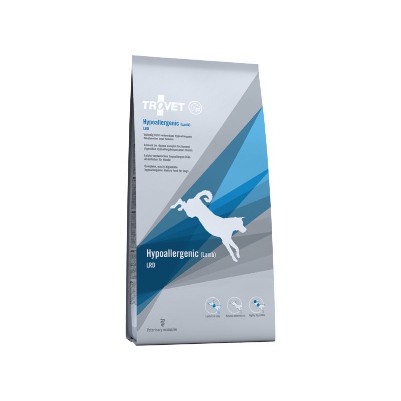 Verpackung mit Tierfutter. Marke Trovet, Produktname Hypoallergenic (Lamm-Reis). Abbildung eines springenden Schafes. Blaue und graue Elemente.