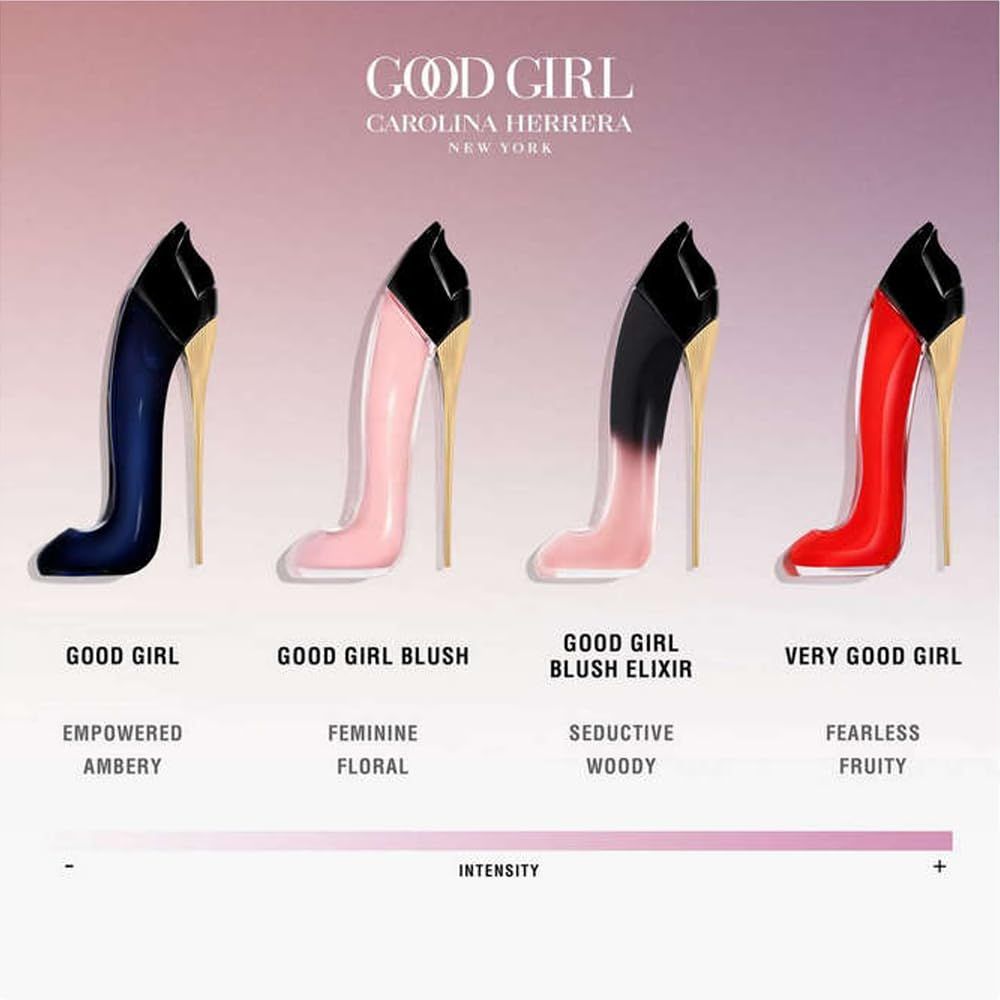 Vier Schuhflakons. Blau, pink, schwarz-pink, rot. Aufschrift: Good Girl. Intensitätsskala.