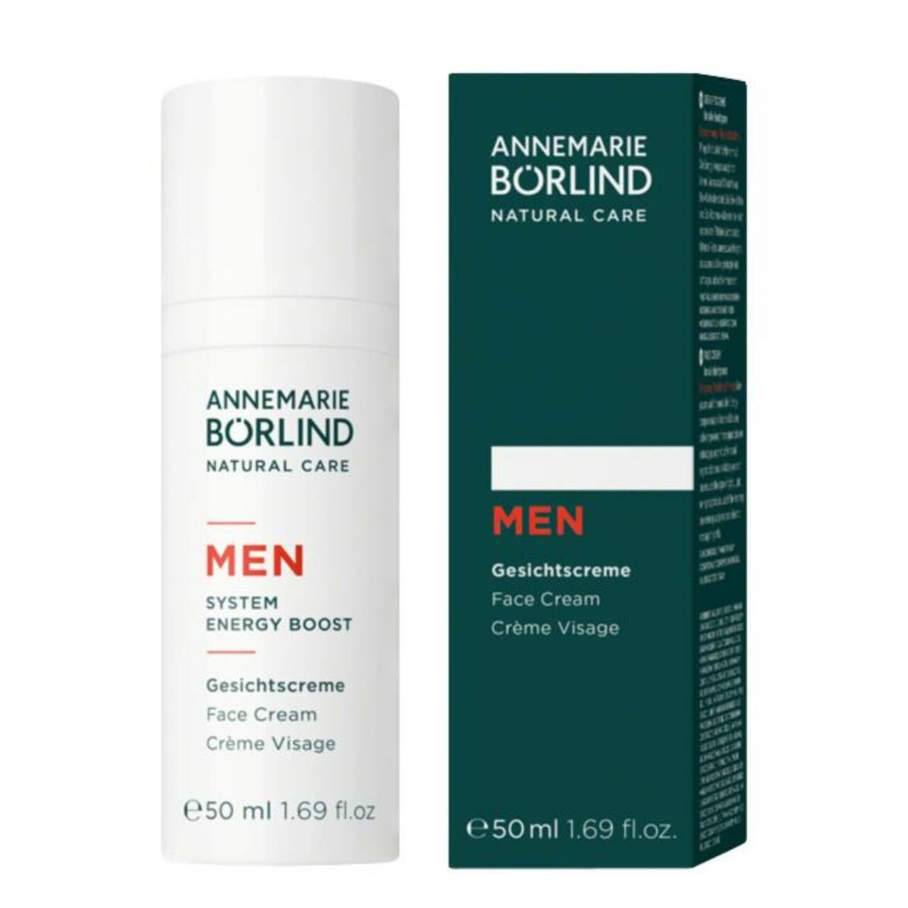 Weiße Flasche mit ANNEMARIE BÖRLIND MEN Gesichtscreme. Text: Face Cream, Crème Visage. 50 ml.