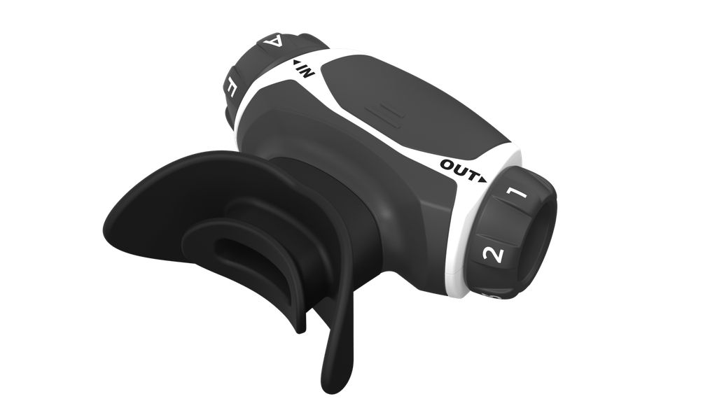 Atemtrainer Airofit Aktiv. Schwarz-weißes Gerät mit Mundstück und Drehreglern. Beschriftung: IN, OUT, 1-2.