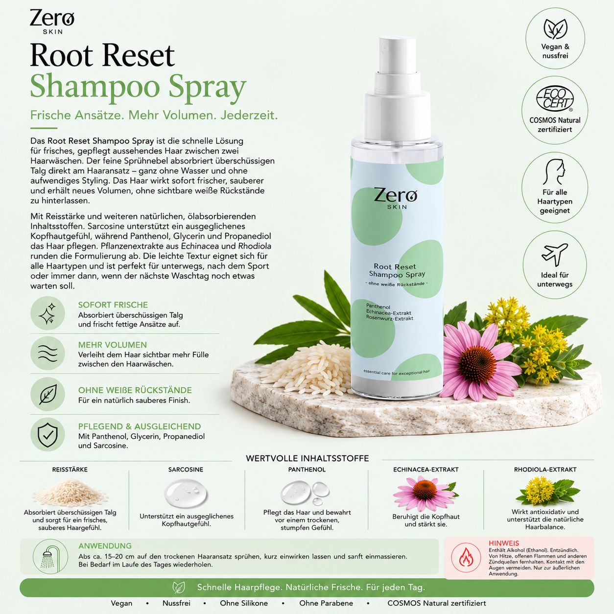 Zero Skin Root Reset Shampoo Spray, für frisches Haar ohne waschen oder weiße Rückstände