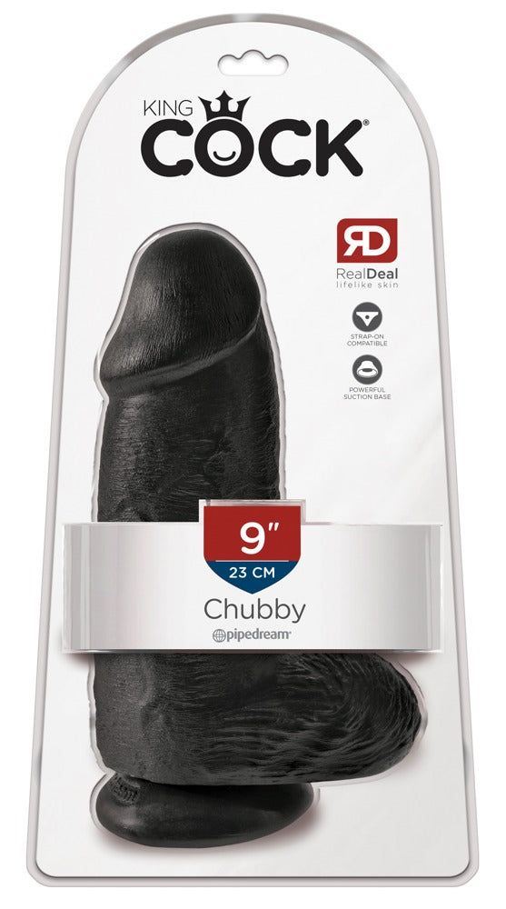 Schwarzer Dildo in Verpackung. Auf der Verpackung steht "Chubby" und "9"/23 cm".