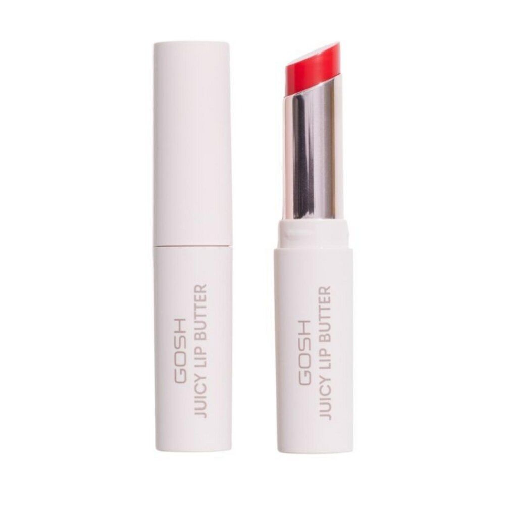 Weißer Lippenstift mit roter Spitze, geöffnet und geschlossen. Aufschrift: GOSH JUICY LIP BUTTER.