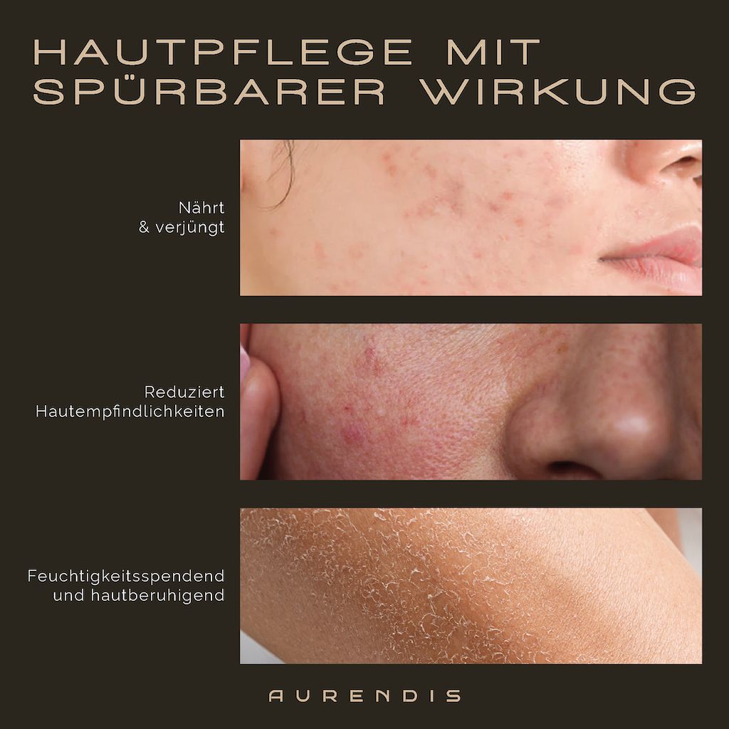 Drei Bilder zeigen Hautverbesserungen. Text: Hautpflege mit spürbarer Wirkung.