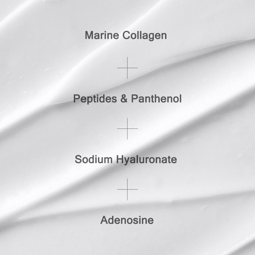 Text-Grafik mit Inhaltsstoffen: Marine Collagen, Peptides & Panthenol, Sodium Hyaluronate, Adenosine.