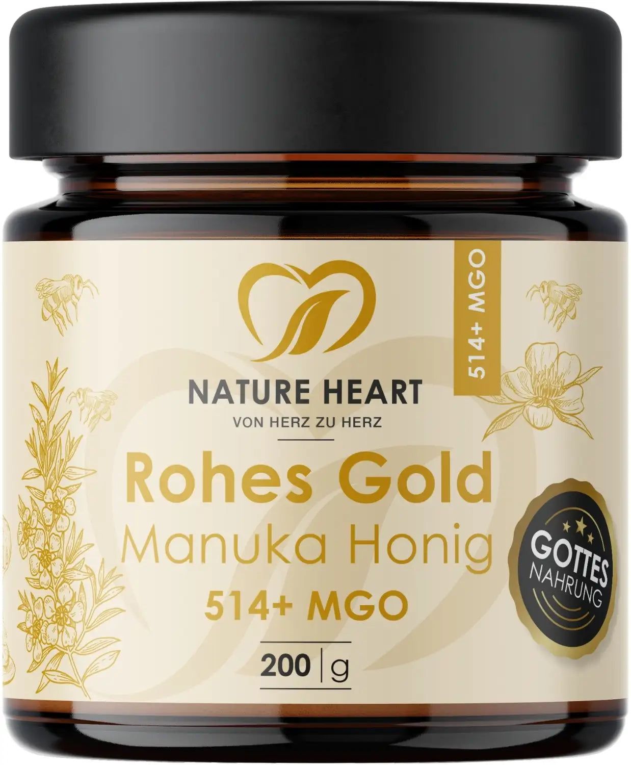 Braunes Glas mit Honigetikett. Aufschrift: Rohes Gold Manuka Honig 514+ MGO. Logo: Nature Heart. Siegel: Gottes Nahrung.
