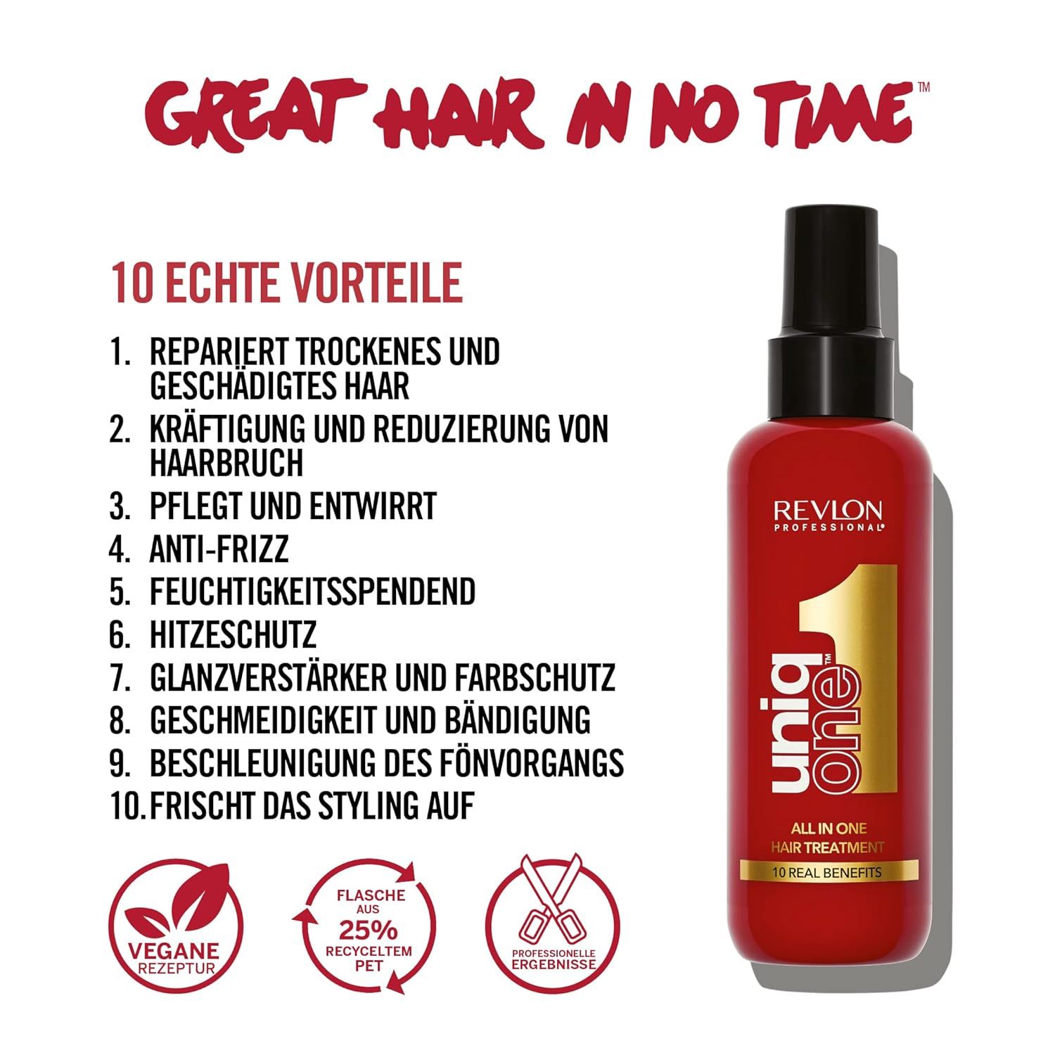 Rote Flasche mit schwarzem Deckel. Aufschrift: Revlon Professional UniqOne. All in One Hair Treatment. Vegan-Siegel.