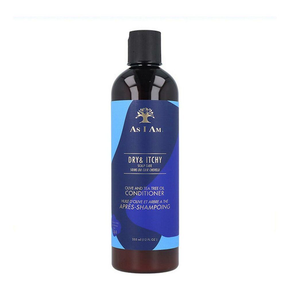 As I Am Dry & Itchy Conditioner Flasche mit schwarzem Deckel. Dunkelbraune Flüssigkeit sichtbar.