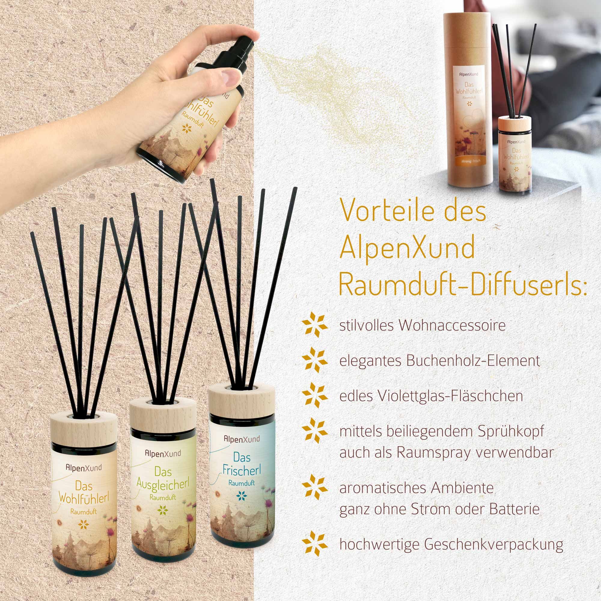 Drei Aromadüfte mit Stäbchen und Sprühkopf. Vorteile: Wohnaccessoire, Buchenholz, Glasflasche, als Raumspray verwendbar.