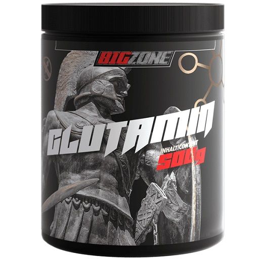 Schwarze Dose mit dem Logo von Big Zone und dem Wort Glutamin. Abbildung einer Statue. Deckel und Dose sind schwarz.