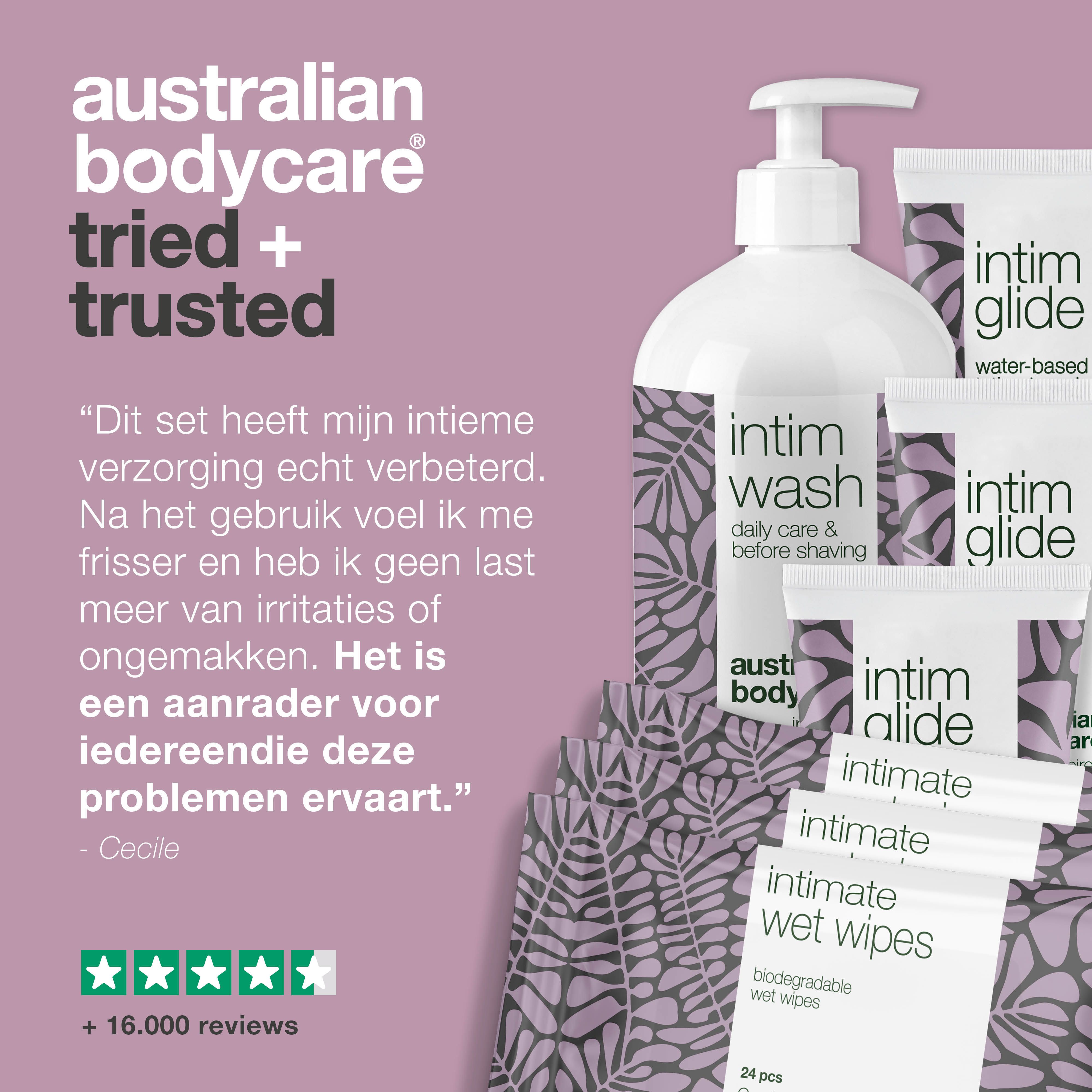 Productafbeelding: Intim Wash, Intim Glide, Intimate Wet Wipes. Tekst: Tried + Trusted.