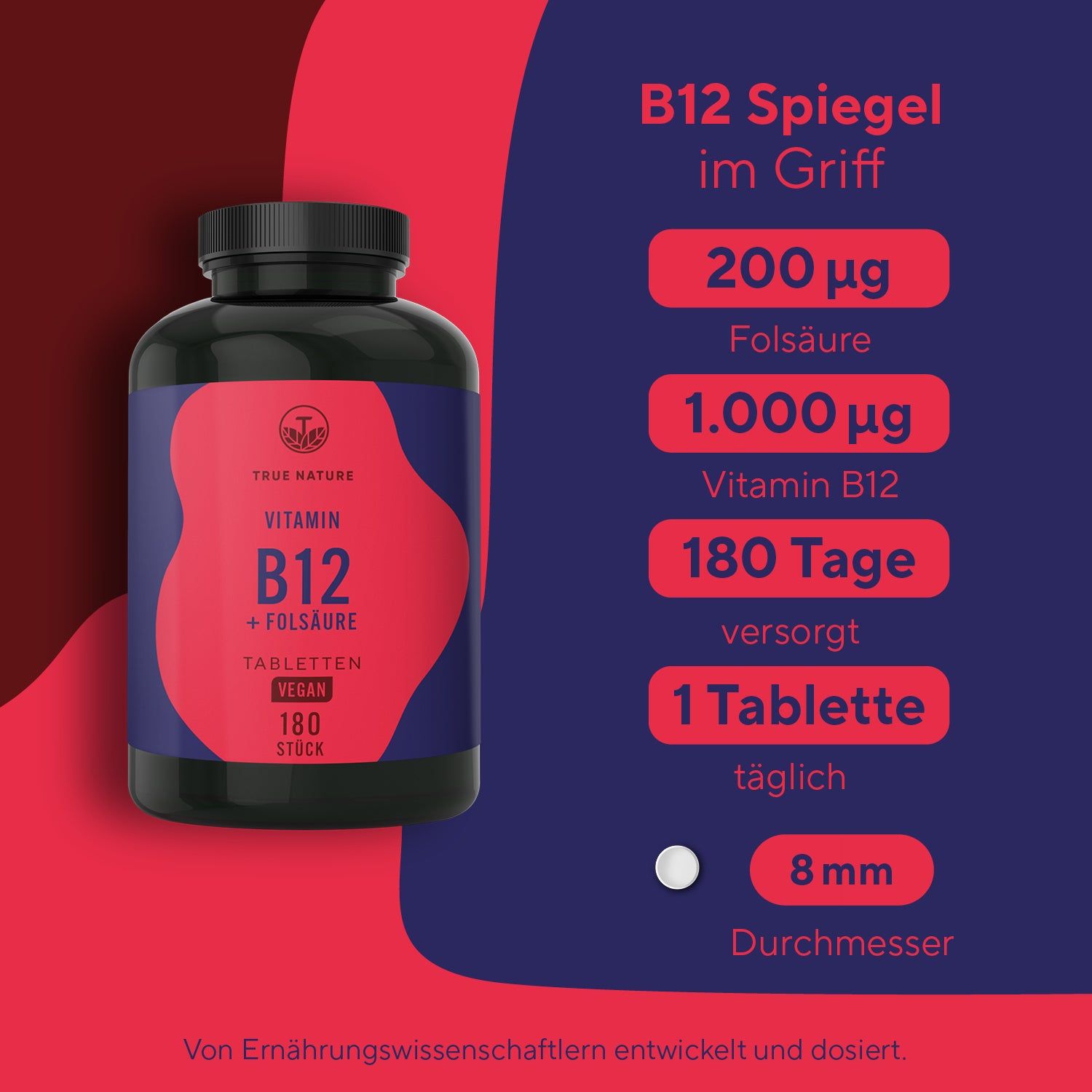 TRUE NATURE® Vitamin B12 Tabletten + Folsäure (Vitamin B9) - 6 Monate Versorgung