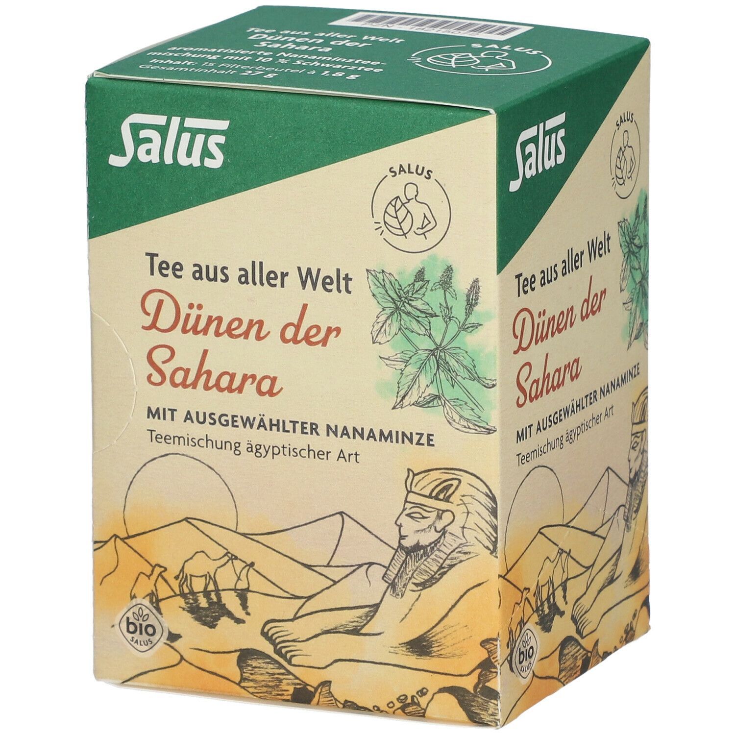 Karton Salus Dünen der Sahara Tee. Vorderseite: Logo, Produktname, Illustration Wüste und Pharao, Bio-Siegel.