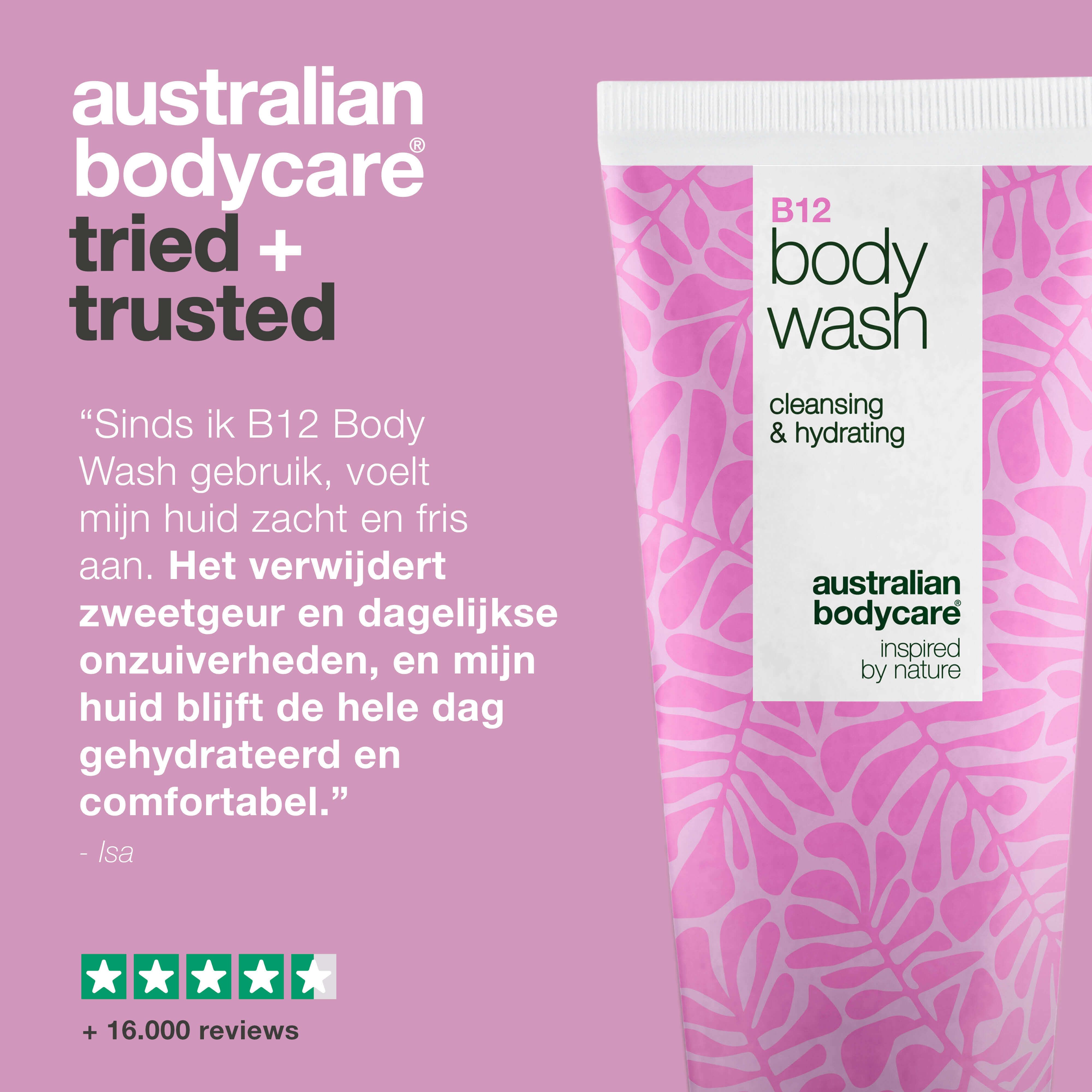 Tekst: Australian Bodycare tried + trusted. Citaat. 5 sterren beoordeling. Tube B12 body wash.