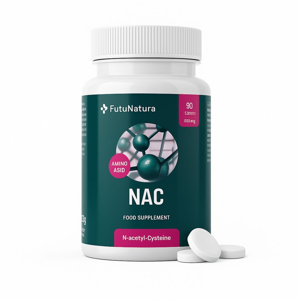 Weiße Flasche mit NAC-Tabletten. Aufschrift: FutuNatura, NAC, 600 mg, 90 Tabletten. Drei Tabletten liegen daneben.