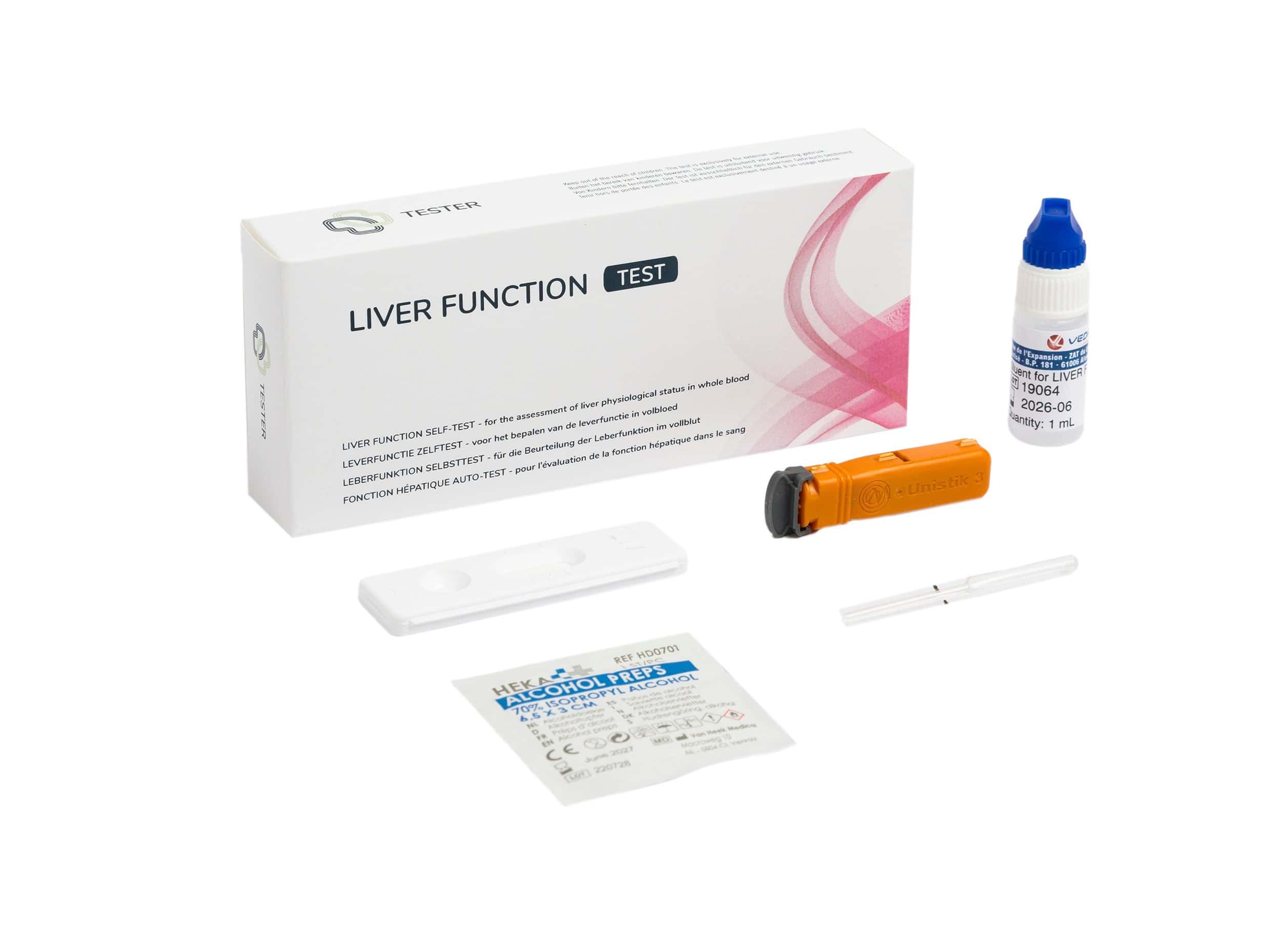 Leberfunktionstest-Kit mit Testkassette, Lanzette, Pipette, Alkoholtupfer und Fläschchen.