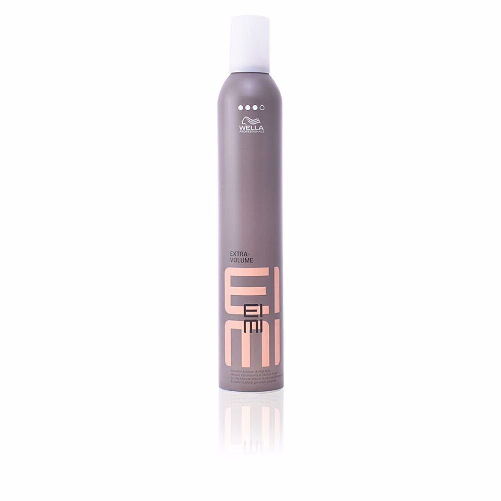 Graue Sprühflasche mit weißem Deckel. Aufschrift: EIMI Extra Volume. Marke: Wella.
