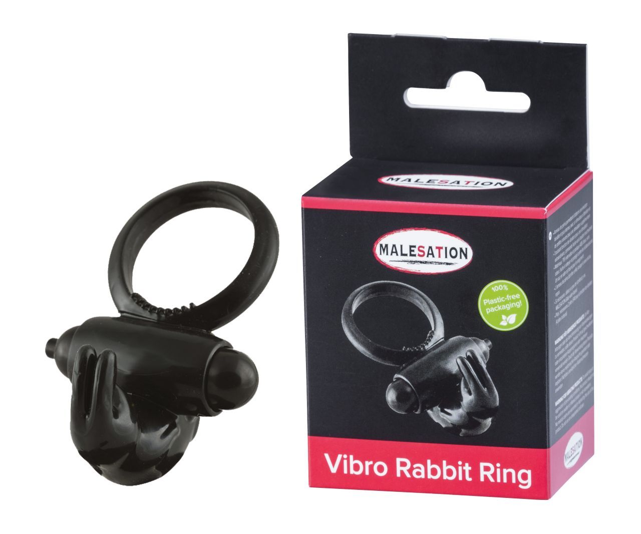 Schwarzer Vibrationsring und Verpackung. Aufschrift: MALESATION, Vibro Rabbit Ring. Grüne Kennzeichnung.