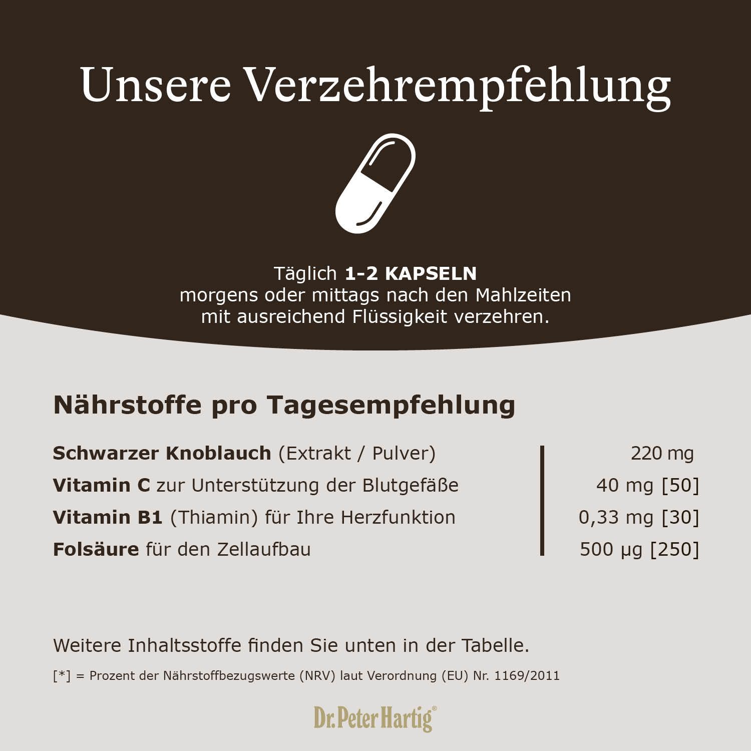 Text mit Verzehrempfehlung: 1-2 Kapseln täglich. Nährstofftabelle: Schwarzer Knoblauch, Vitamin C, Vitamin B1, Folsäure.