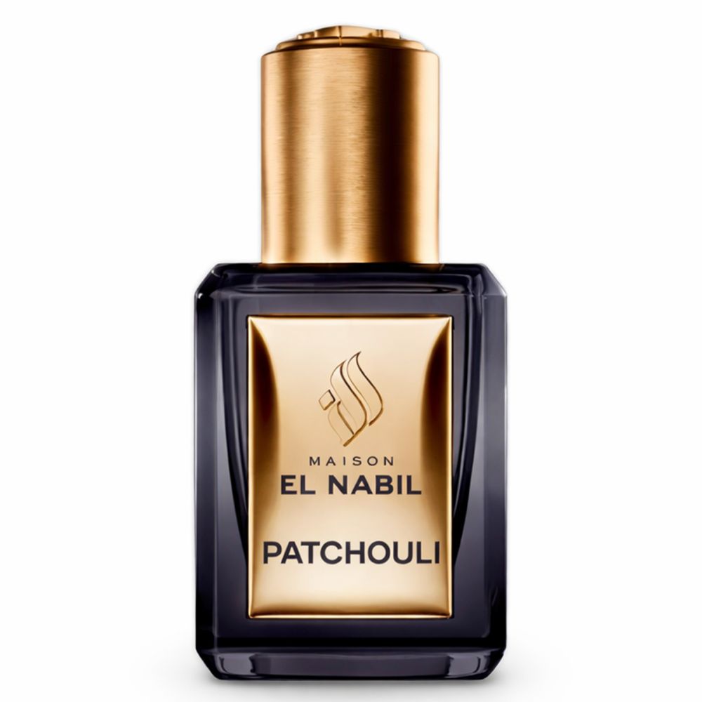 Dunkle Glasflasche mit goldfarbenem Verschluss und Etikett. Aufschrift: EL NABIL PATCHOULI.