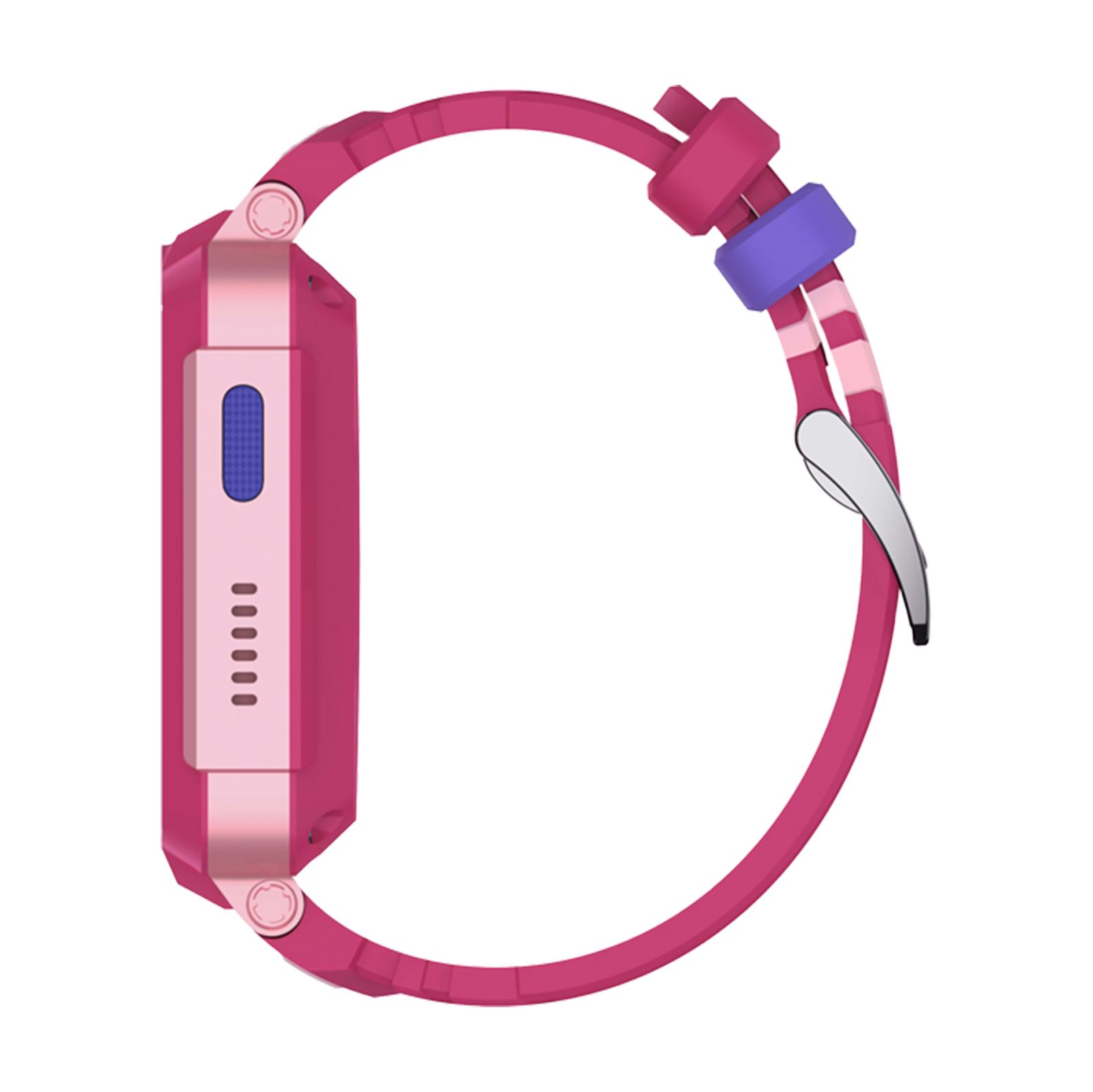 Pinkfarbene Smartwatch. Lila Taste. Pinkfarbenes Armband. Seitliche Ansicht.
