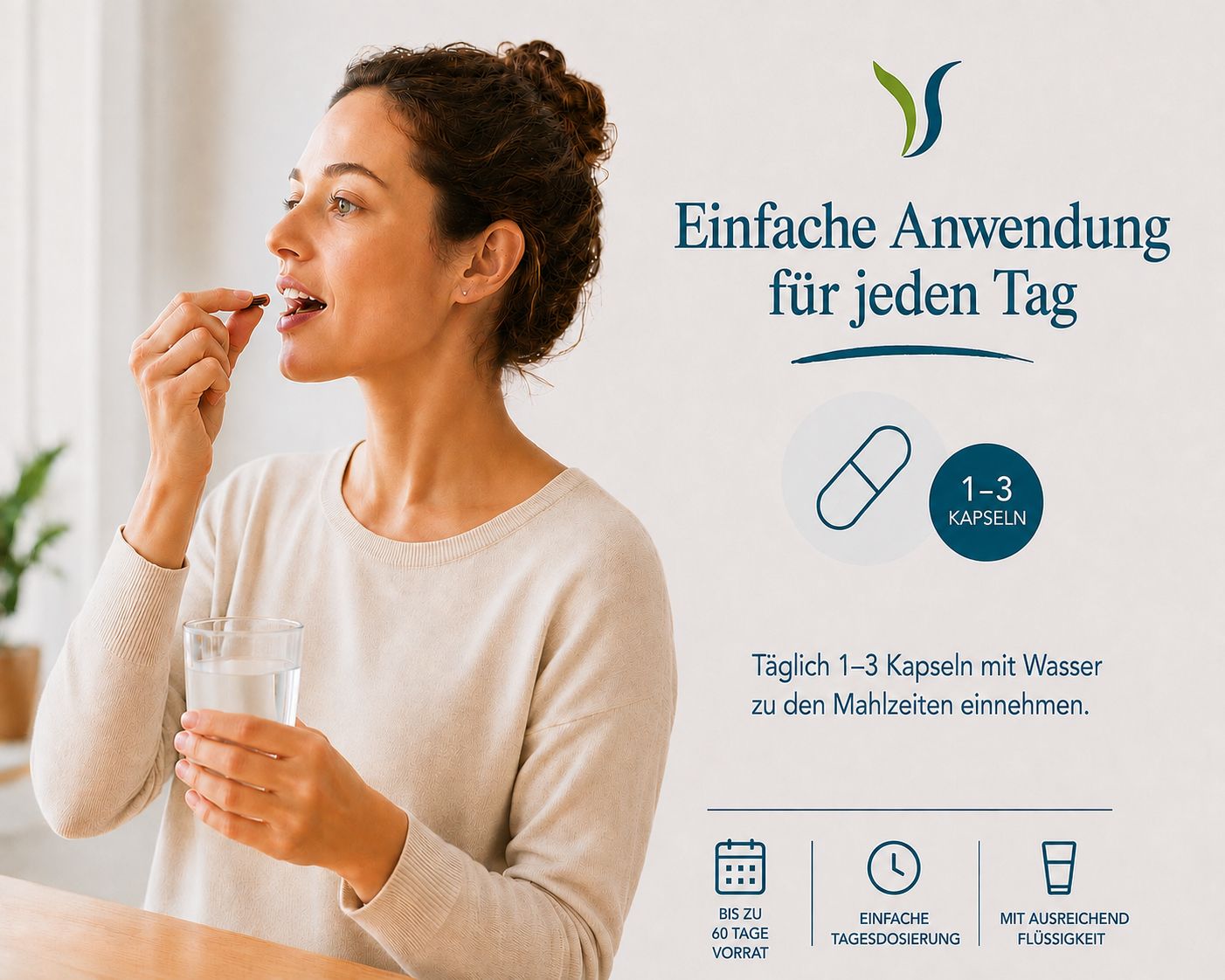 Frau nimmt eine Kapsel mit einem Glas Wasser ein.
