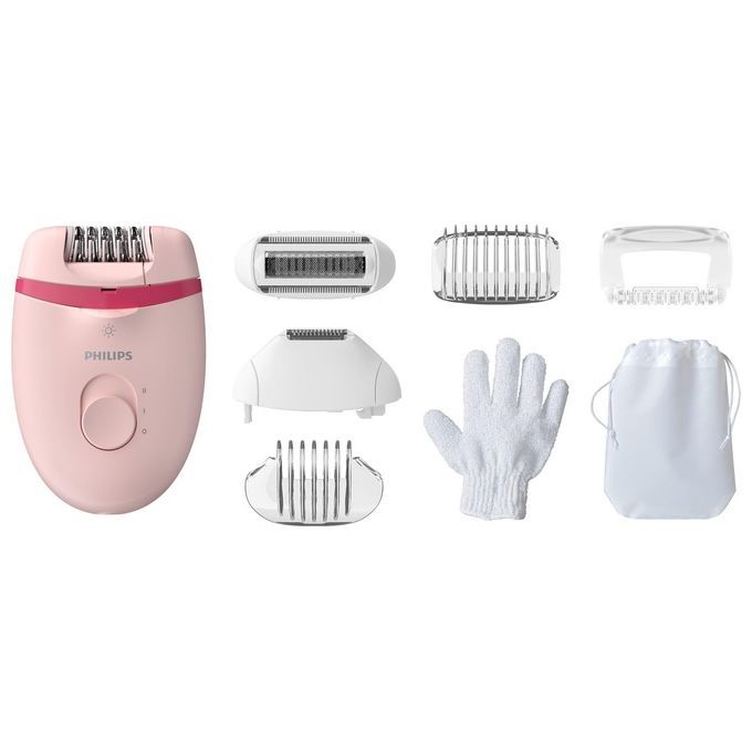 Philips Satinelle Essential Epilierer, pink. Verschiedene Aufsätze und Zubehör: Rasieraufsatz, Massageaufsatz, Handschuh, Beutel.