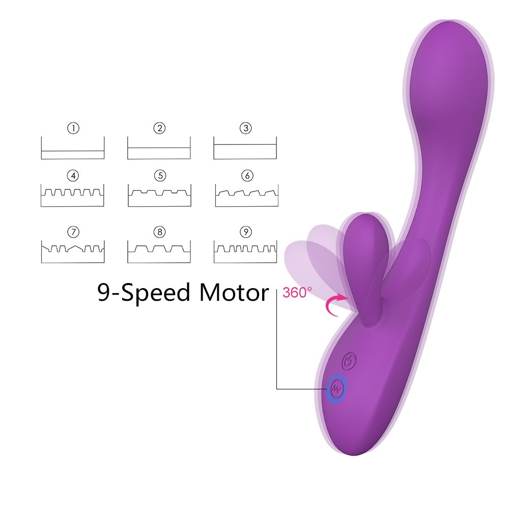 Lila Vibrator mit zwei Enden. 9-Gang-Motor. Illustrationen von verschiedenen Vibrationsmustern und einem Drehknopf.