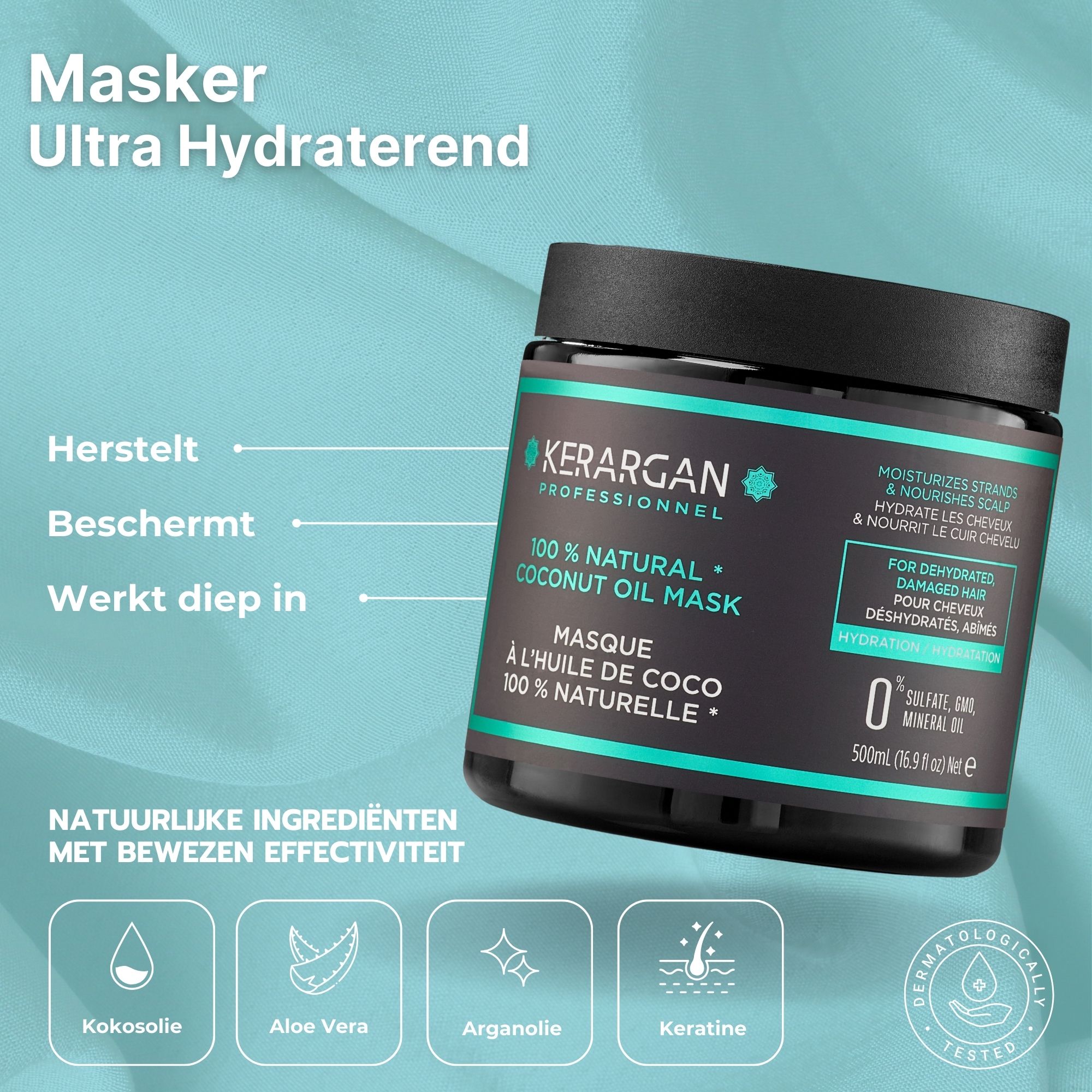 Zwarte pot Kerargan masker. Tekst: 100% Natural Coconut Oil. Voor uitgedroogd haar. 0% sulfaten, minerale olie. 500ml.