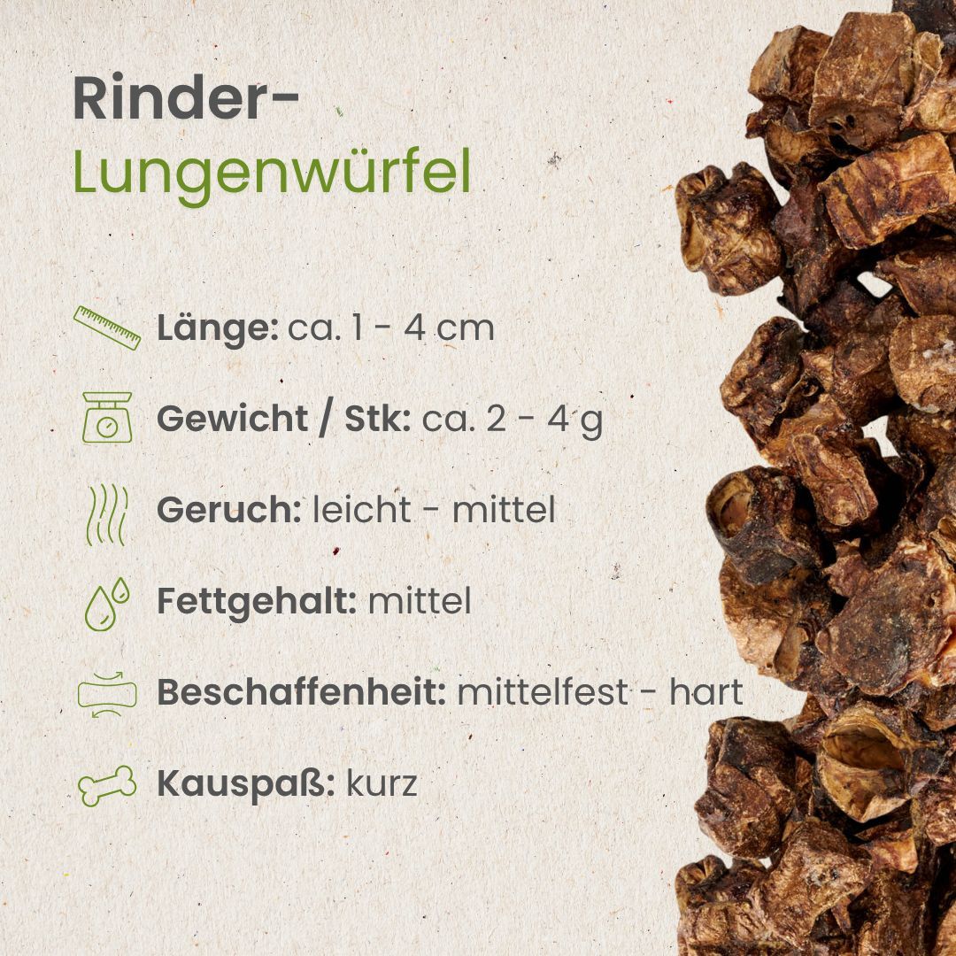 Hundefutter-Leckerlis: Rinderlunge, 100% Rind. Schonende Trocknung, gute Verträglichkeit.