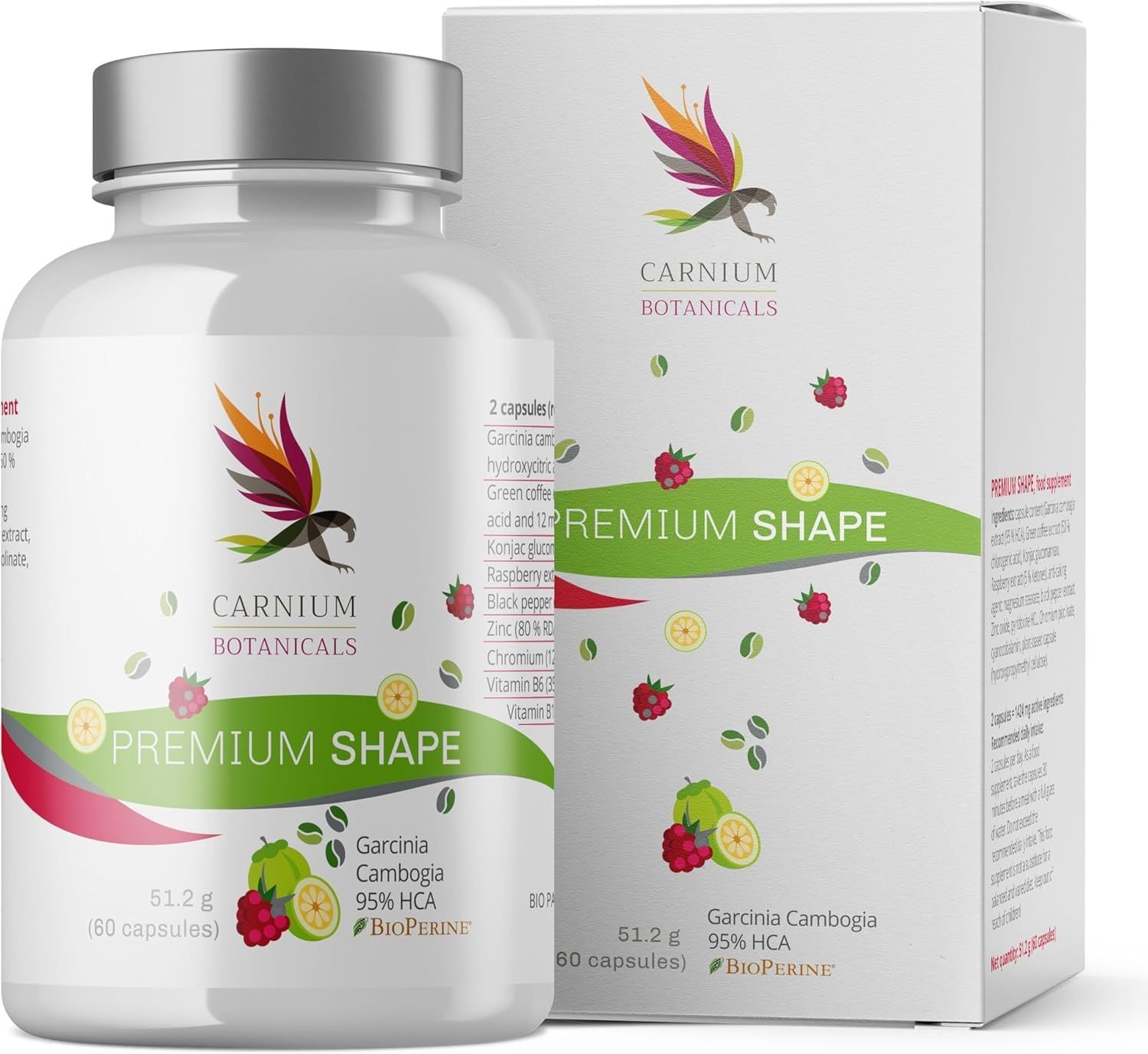 Weiße Flasche und Karton mit Etikett "Premium Shape". Aufschrift: Garcinia Cambogia, 95% HCA. Enthält 60 Kapseln. Hintergrund: Früchte.