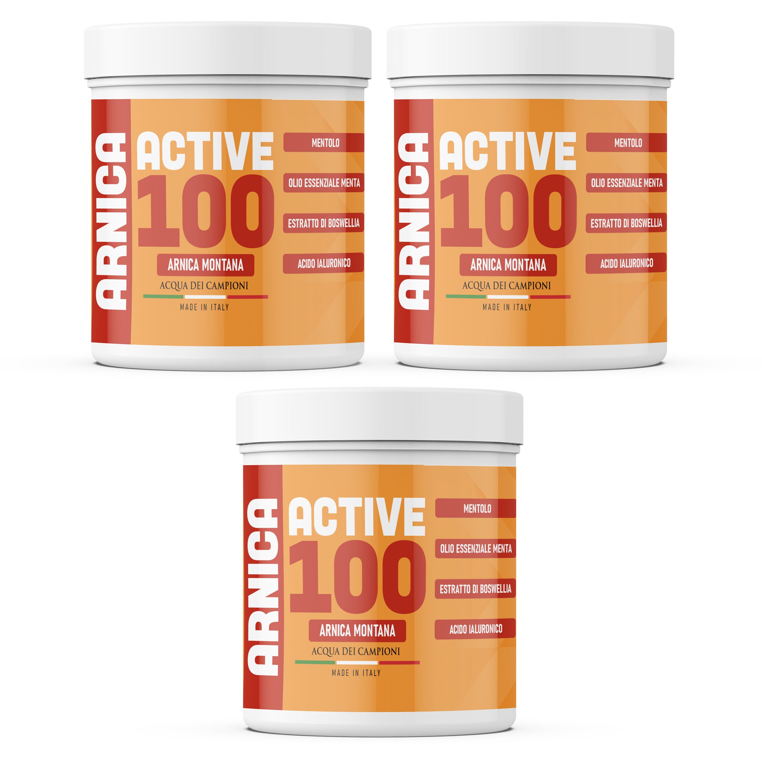 Drei weiße Dosen mit orangefarbenen Etiketten. Auf den Etiketten steht "ACTIVE 100" und "ARNICA".