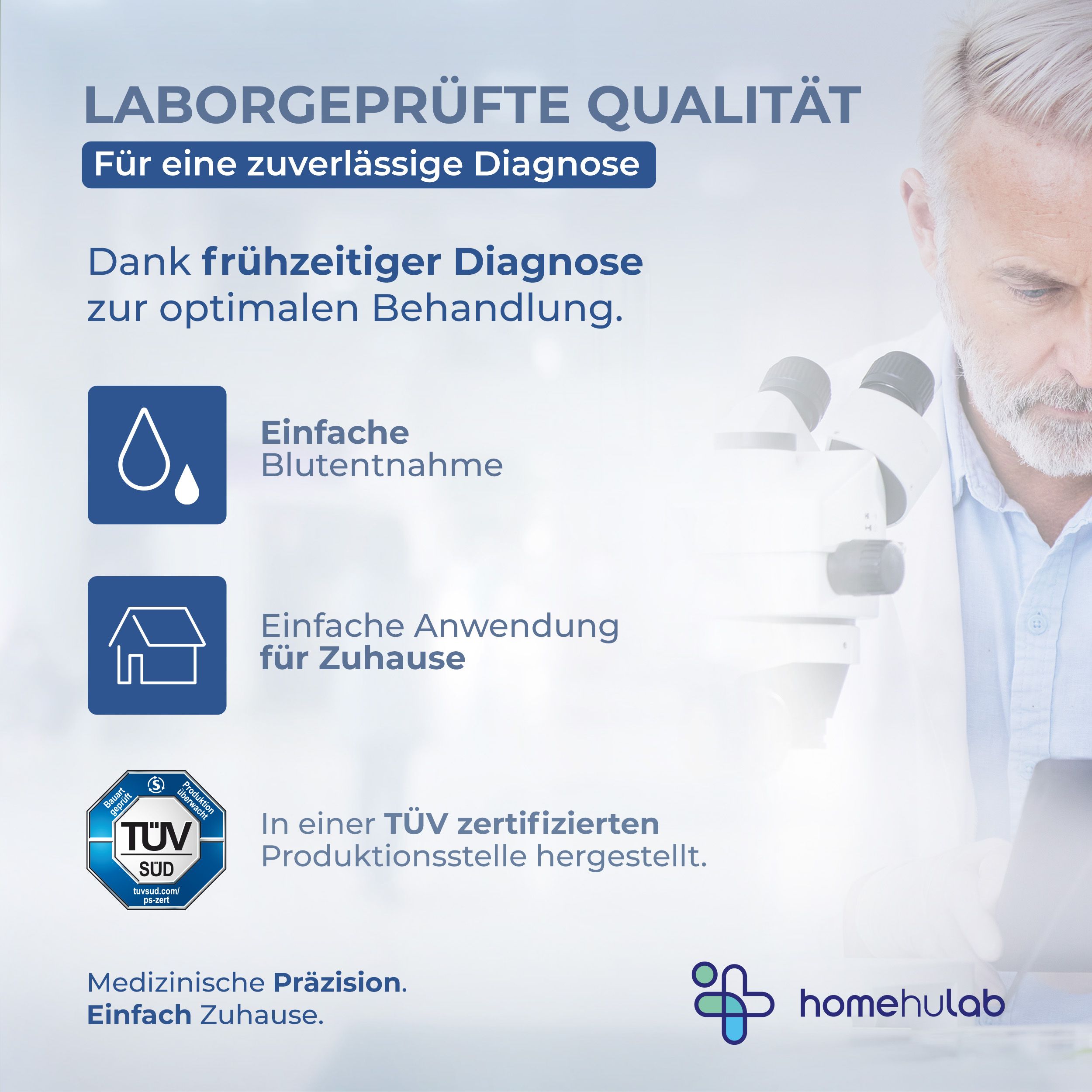 Laborgeprüfte Qualität. Einfache Blutentnahme, Anwendung Zuhause. TÜV-Zertifizierung. homehulab Logo.