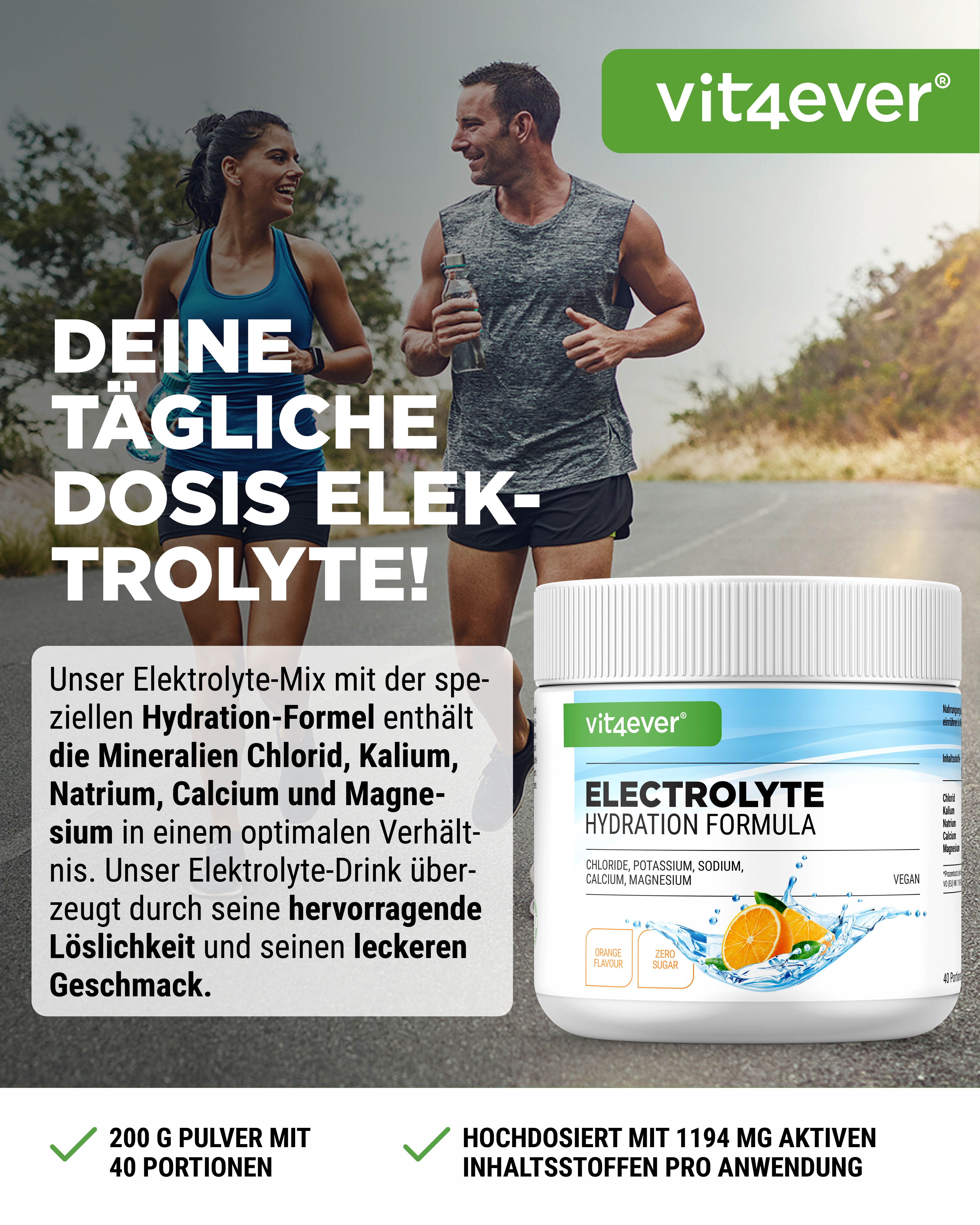 Weißes Elektrolyte Pulver von vit4ever in Dose. Aufschrift: Elektrolyte Hydration Formula. Mit Läufern im Hintergrund.
