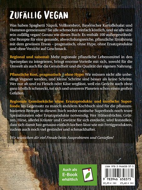 Rückseite des Buches "Zufällig Vegan" mit Text und ISBN. Logo: E-Book erhältlich.