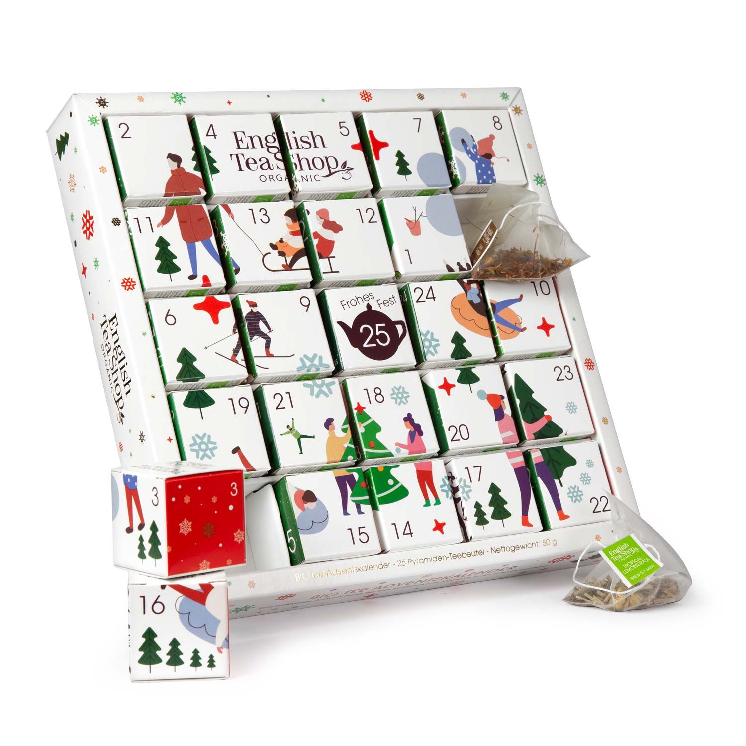 Adventskalender mit 25 Teebeuteln. Verpackung mit Wintermotiven und der Marke English Tea Shop. Zwei Teebeutel sind sichtbar.