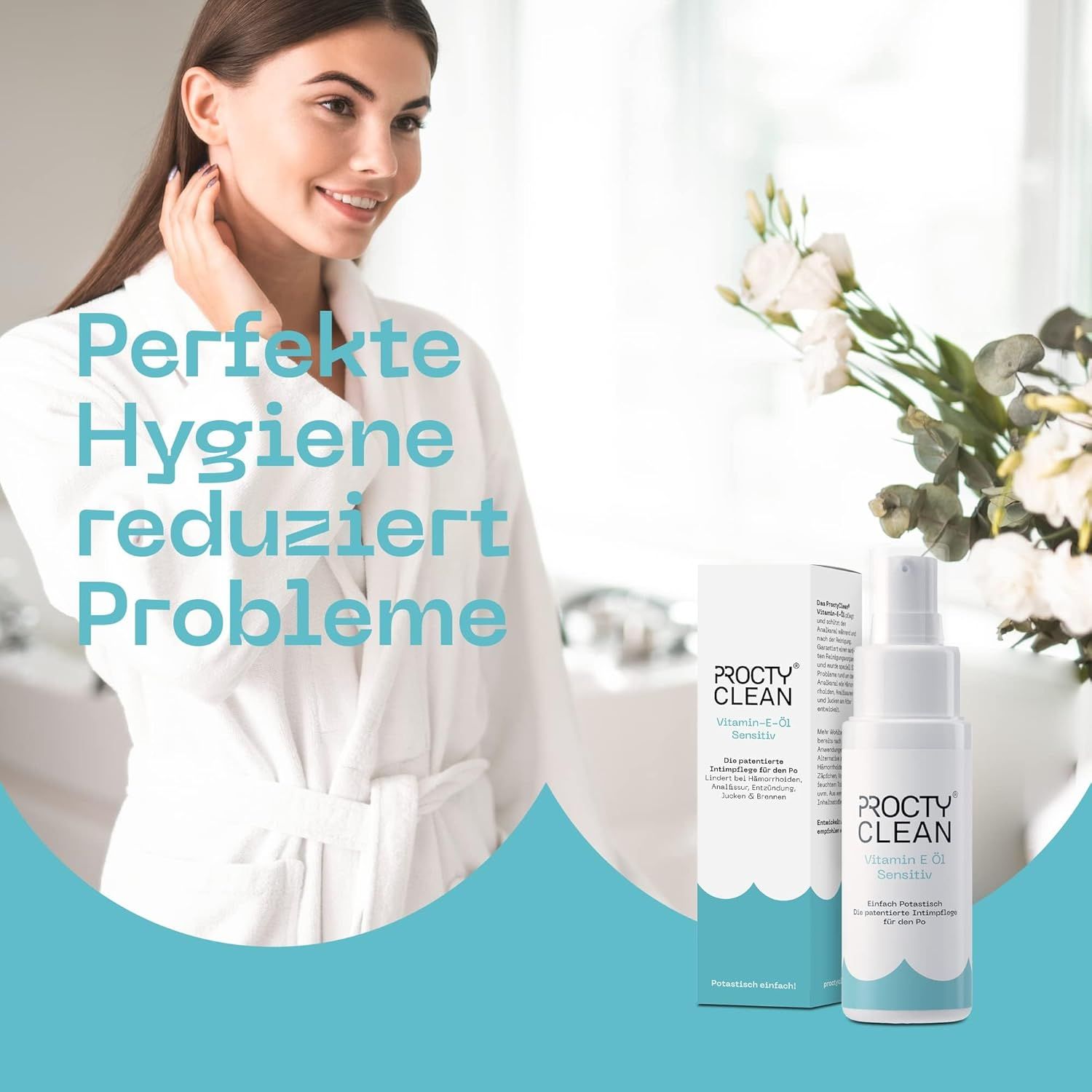 Frau im Bademantel mit ProctyClean Vitamin-E-Öl Sensitiv und Verpackung. Blauer Hintergrund.