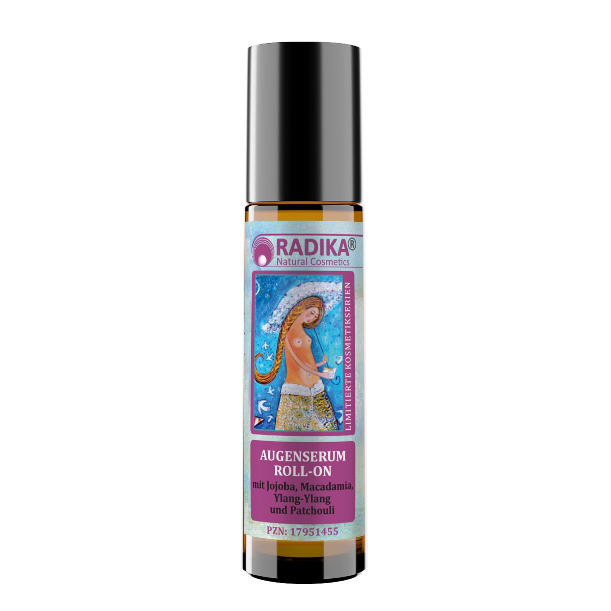 Roll-on-Flasche mit schwarzem Deckel. Etikett mit Produktnamen und Marke: Radika Natural Cosmetics. "Augenserum Roll-on".
