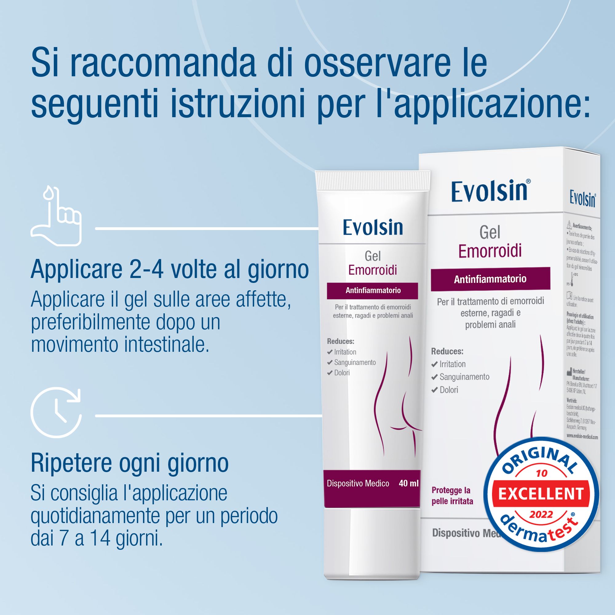 Tubo e scatola di gel. Scritta: Evolsin® Gel Emorroidi. 40 ml. Illustrazioni.