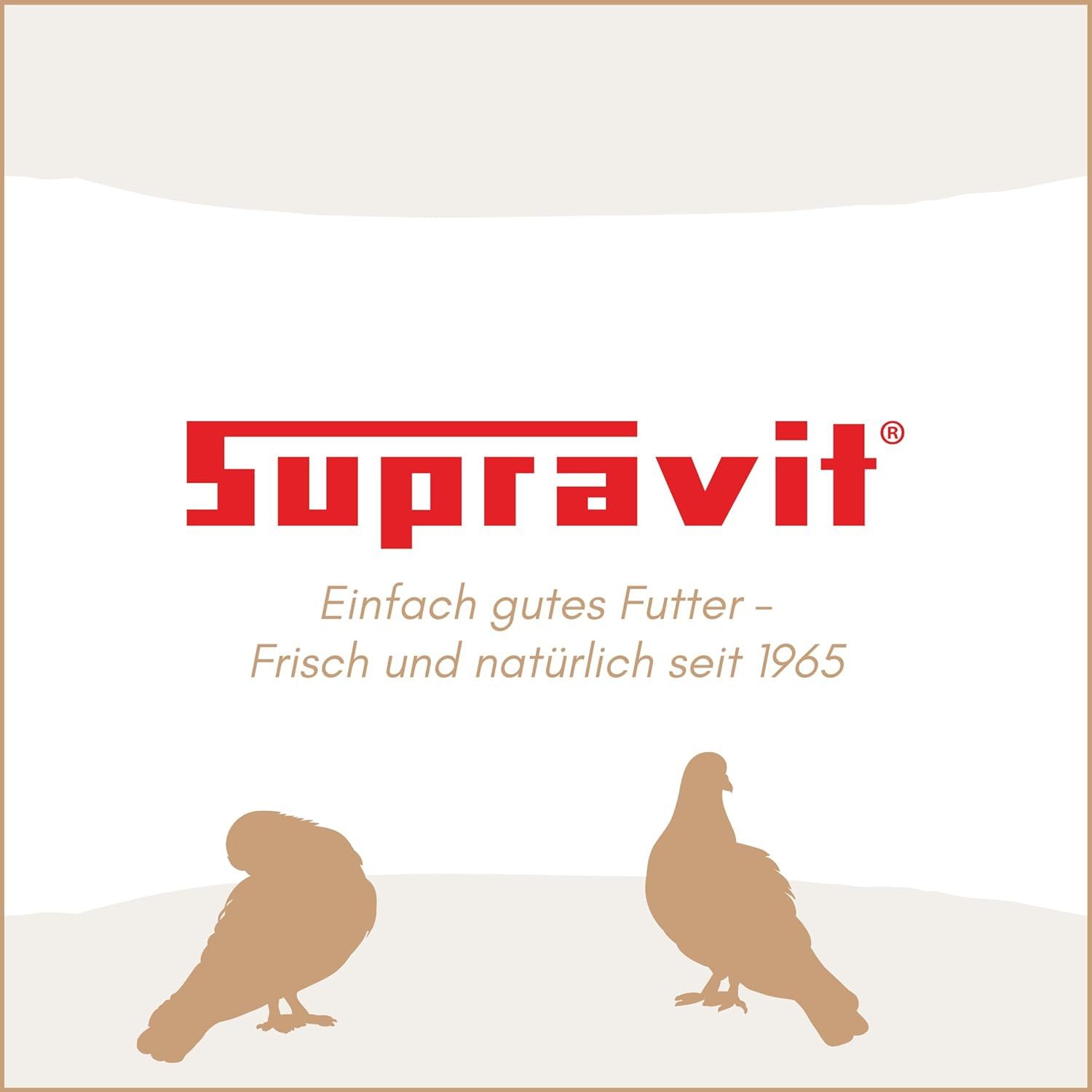 Logo Supravit mit Text: Einfach gutes Futter - Frisch und natürlich seit 1965. Silhouetten von Tauben.