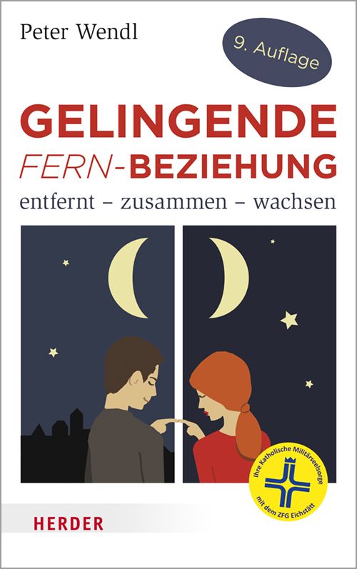 Buchcover mit Titel "Gelingende Fern-Beziehung". Illustration: Mann und Frau zeigen aufeinander. Mond und Sterne im Hintergrund. Verlag Herder.