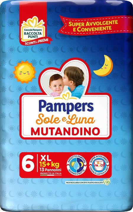 Pampers Sole e Luna Mutandino XL, Packung. Enthält 13 Windeln. Verpackung mit Sonnen- und Mond-Motiven, sowie Kinderabbildung.