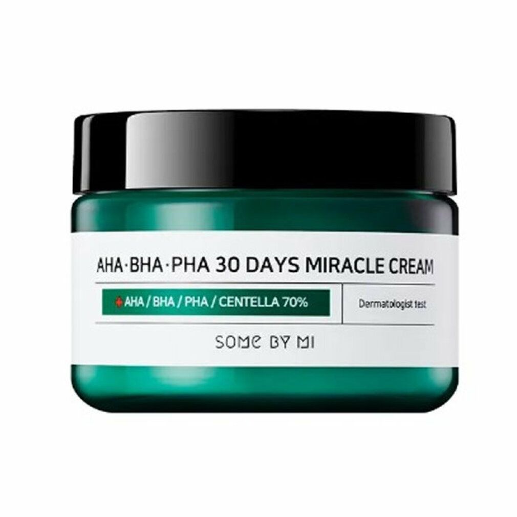 Grünes Creme-Glas mit schwarzem Deckel. Aufschrift: AHA.BHA.PHA 30 DAYS MIRACLE CREAM. SOME BY MI. Mit Inhaltsangaben und Zertifizierung.