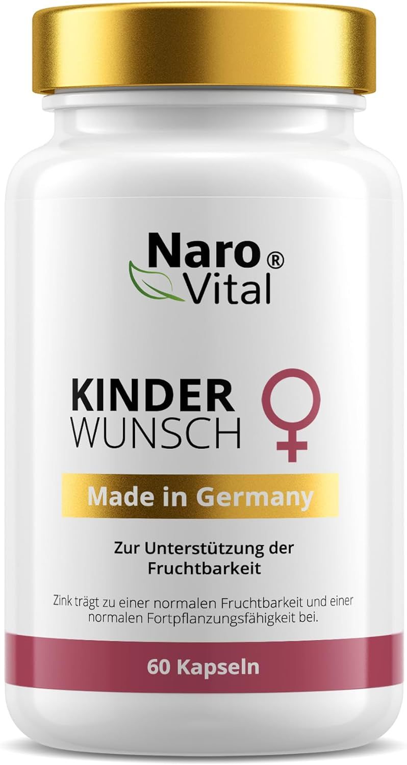 Weiße Flasche mit goldfarbenem Deckel. Aufschrift: Naro Vital, Kinderwunsch, Made in Germany, 60 Kapseln. Logo: weibliches Symbol.