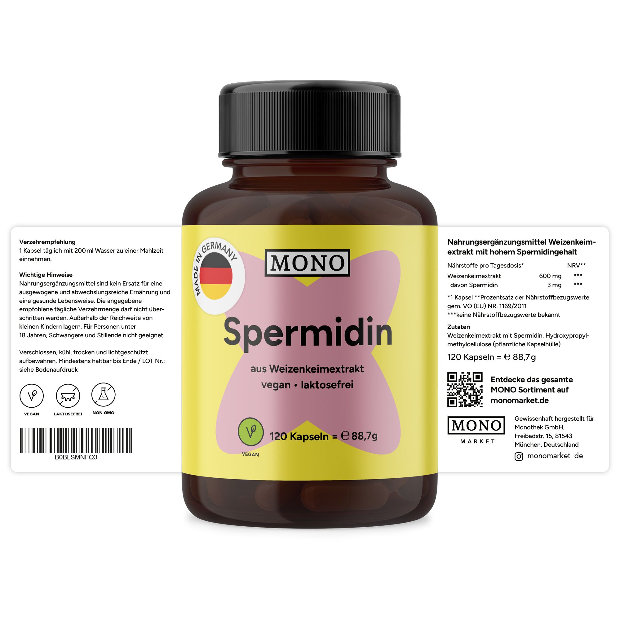 Braune Flasche mit schwarzem Deckel. Gelbes Etikett mit "MONO Spermidin". Zusätzliche Etiketten mit Informationen. Vegan, laktosefrei.