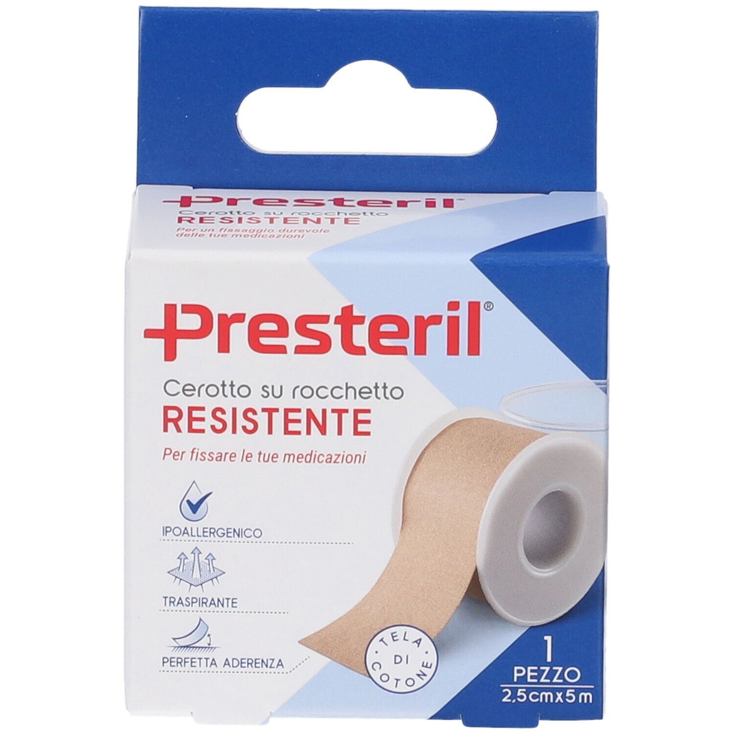 Presteril Cerotto su Rocchetto Resistente Verpackung. Beige Rolle. Produktname, Größe 2,5cm x 5m, hypoallergen, atmungsaktiv.