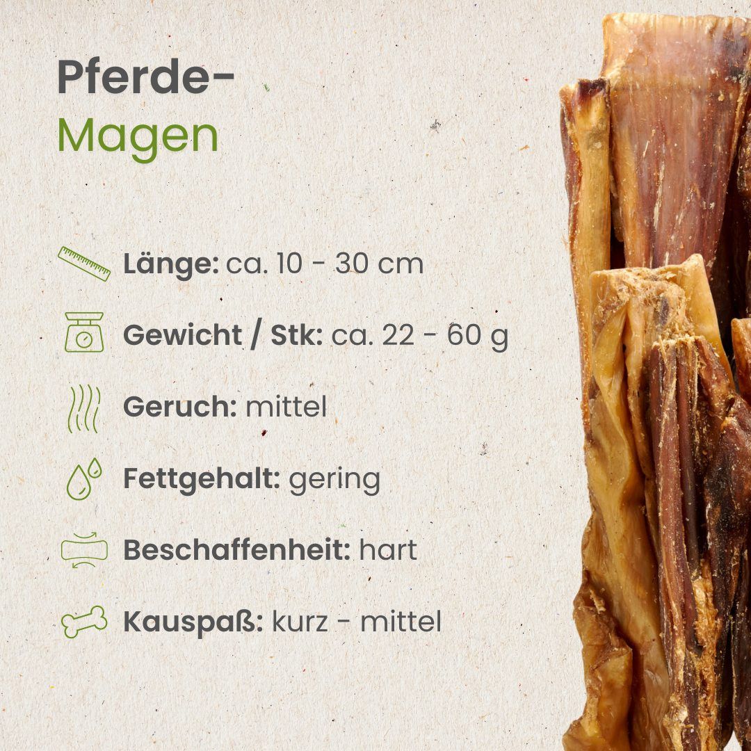 Getrocknete Pferdemägen für Hunde, auf weißem Hintergrund.